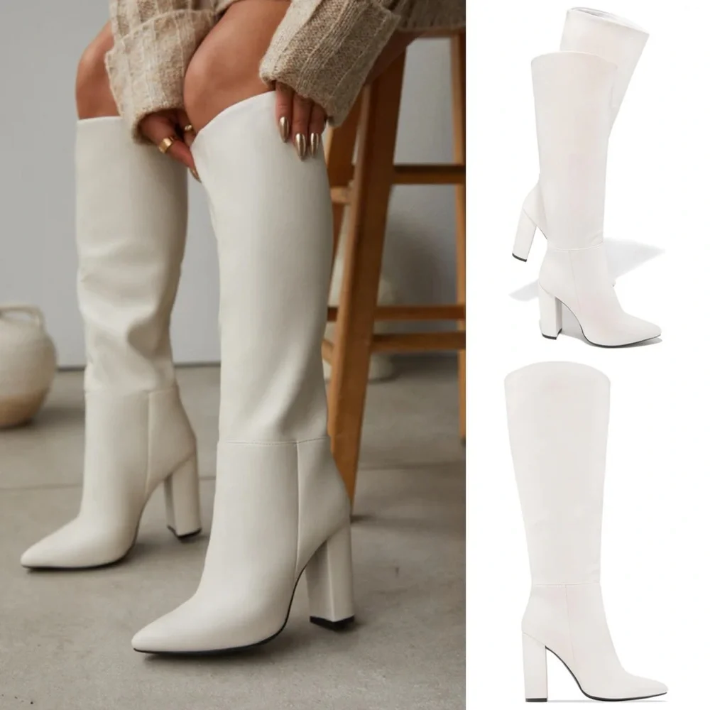 Woman’s below knee faux leather HEEL OFF-WHITE BOOTS - Picture 4 of 6